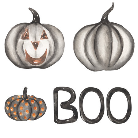 Halloween clipart, Watercolor Spooky Illustration set, Black Pumpkins clip art,  BOO letters, Kids Fall Scary Partyの写真素材