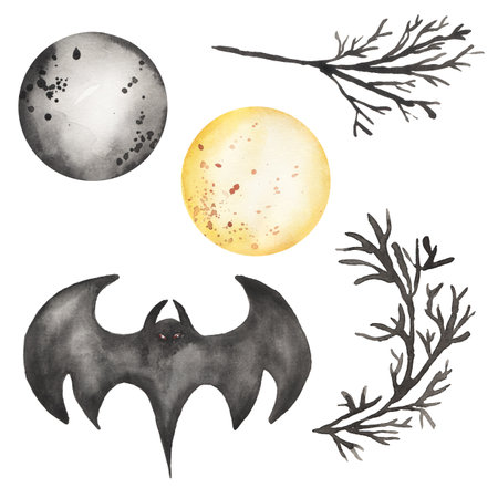 Halloween clipart, Watercolor Spooky Illustration set, Black branches clip art,  Bat and Moon, Kids Fall Scary Partyの写真素材