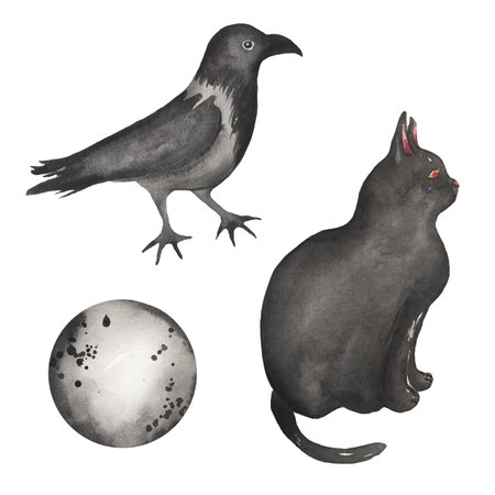 Halloween clipart, Watercolor Spooky Illustration set, Crow clip art, Black Cat and  Moon,  Kids Fall Scary Partyの写真素材