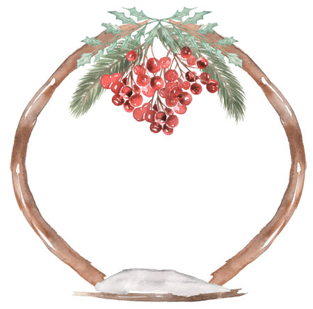 Christmas Wreath Clipart, Watercolor Vintage Winter illustration, Red Berries border, Xmas Forest Pine Tree clip art, Holiday Party frame, Baby Shower, Wedding Invitesの写真素材