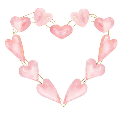 Heart Clipart, Watercolor Pastel hearts frame illustration, Pink Delicate coral heart, love decor, valentines day, baby shower graphics, wedding invitationの写真素材