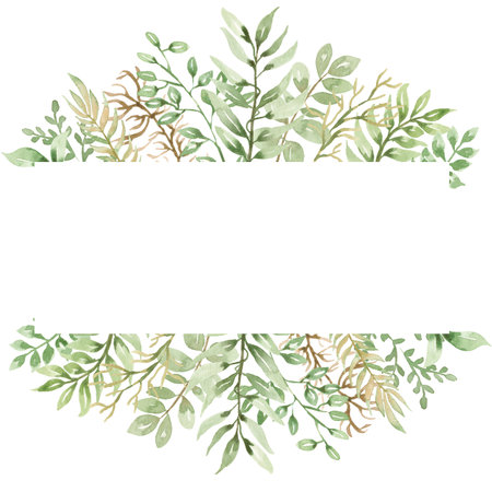 Greenery Frame Clipart, Watercolor Green Leaves wreath illustration, Foliage Border, Floral Wedding arrangement, Leaf frame, Herbal Plant, Nature card templateの写真素材