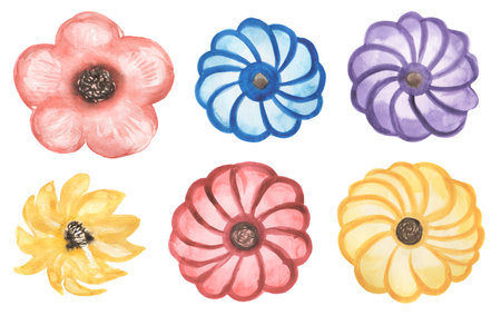 Watercolor bright florals set. Hand painted flowers illustration isolated on white background. Cute flowers for designの写真素材