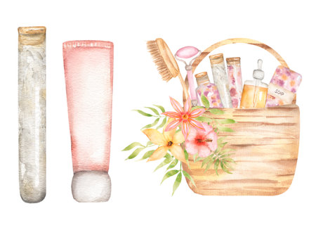 Spa illustration set. Bath accessories. natural cream, a bar of soap, spa salt, gouache roller, oil, body dry brush and tropical florals bouquet. brush. Hand drawn watercolor illustrationの写真素材