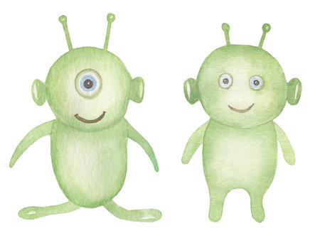 Watercolor aliens illustration set, Cute little monsters clip art, kids illustrationの写真素材