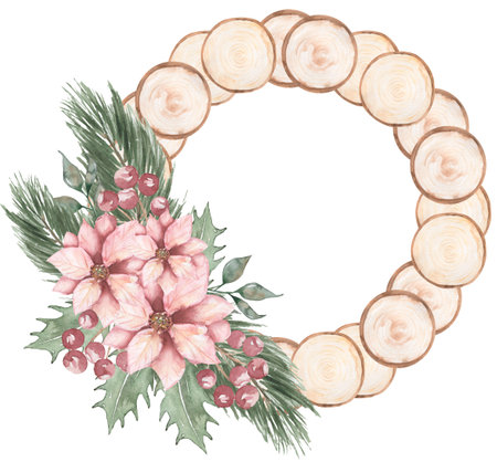 Watercolor slice of wood with winter floral bouquet decoration. Flower Poinsettia with winter branch border, Christmas Rustic decor. Wooden wreathの写真素材