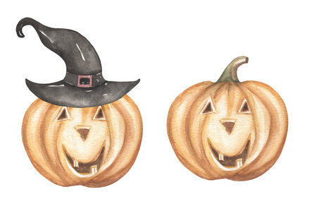 Watercolor hand drawn cute halloween pumpkins clipart set, orange spooky pumpkin with hat illustration, scary elementsの写真素材