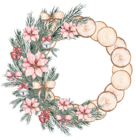 Watercolor Christmas tree wreath with toys and bow decoration clipart set, Winter frame illustration, cute holidays decor clip art, card printingの写真素材