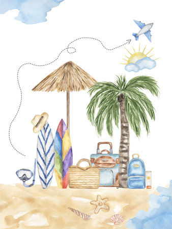 Watercolor Summer Travel Poster, Airplane clipart, sea and suitcases composition, Voyage illustration, cute holiday cardの写真素材