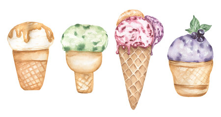 Watercolor Ice cream clipart set, summer food illustration, caramel, pistachio and berry ice cream printの写真素材