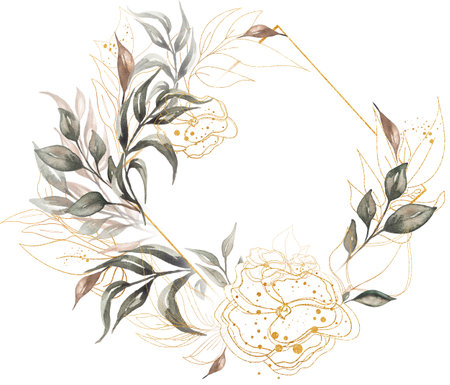 Greenery frame Clipart, Watercolor golden frame with greenery bouquet, Gray leaves wreath, Golden florals border, Wedding invites, Baby shower, card makingの写真素材