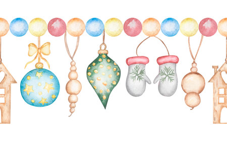 Watercolor Christmas seamless border with cute toys decoration clipart, Winter repeat border illustration, cute holidays decor clip art, card printingの写真素材