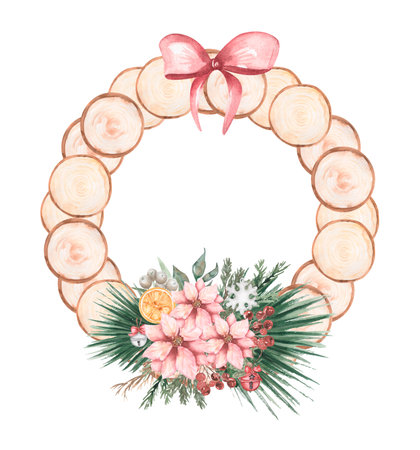 Watercolor Christmas tree frame with Poinsettia flowers and wooden  slice decoration clipart, Winter wreath illustration, cute holidays border decor clip art, card printingの写真素材