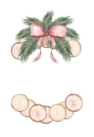 Watercolor Christmas tree frame with Poinsettia flowers and wooden  slice decoration clipart, Winter wreath illustration, cute holidays border decor clip art, card printingの写真素材