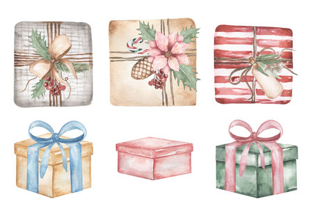 Watercolor Christmas box with florals decor set, vintage christmas gifts illustration,  Winter holidays decor clipartの写真素材