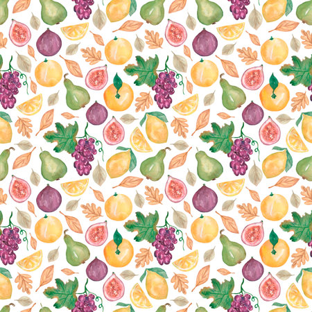 Watercolor fruit seamless pattern, hand drawn grapes and garden fruits repeat paper, pear, plum and lemon print, eco food scrapbook paper.の写真素材