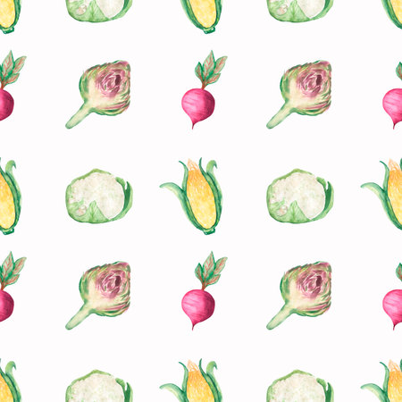 Watercolor hand drawn seamless pattern with vegetables. Fresh Food repeat paper. Cauliflower, Maze...