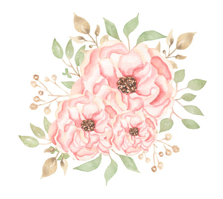 Watercolor Delicate florals bouquet clipart, Pink flowers border illustration, holidays decor with  peony flowers. Wedding invitation, baby shower, card makingの写真素材