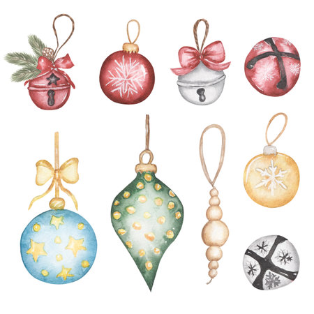 Watercolor Christmas tree toys clip art, Vintage style winter decor, christmas tree balls illustrationの写真素材
