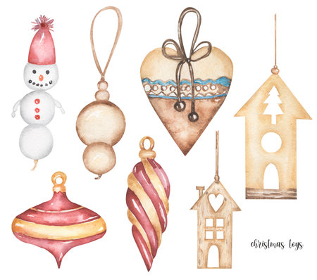 Watercolor Christmas tree toys clip art, Vintage style winter decor, christmas wood house illustration, cute snowman printの写真素材