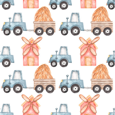 Watercolor farm transport  seamless pattern. Hand drawn objects: cute tractor  print. Country life for kids textileの写真素材