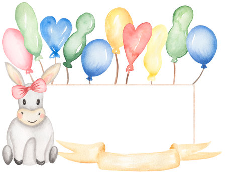 Cute Baby Girl Wreath Clipart, Watercolor Kids Frame, Nursery Balloons  illustration, Newborn clip art, Card printing, Baby Shower graphicsの写真素材