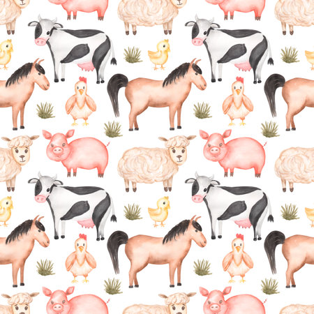 Watercolor farm animals seamless pattern. Hand drawn objects: cute pink pig, white sheep, horse, funny cow and hen print. Country life for kids textileの写真素材