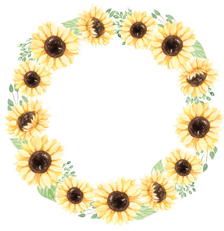 Sunflower Wreath Clip art, Watercolor Meadow flowers Frame, Rustic wildflowers Bouquet illustration, Wedding Invites, Baby showerの写真素材