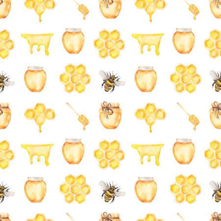 Bees and honey seamless pattern, Watercolor Insect repeat paper, Cute yummy scrapbook paper, textile printing, yellow backgroundの写真素材