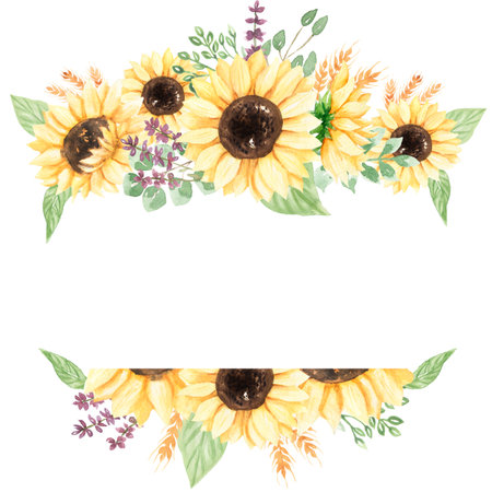 Sunflower Wreath Clip art, Watercolor Meadow flowers Frame, Rustic wildflowers Bouquet illustration, Wedding Invites, Baby showerの写真素材