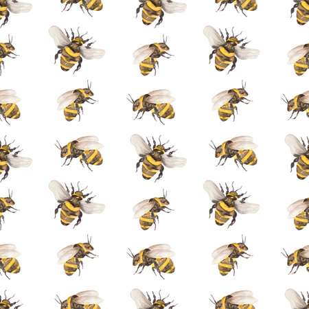 Bees seamless pattern, Watercolor Insect repeat paper, Cute scrapbook paper, textile printing, yellow backgroundの写真素材