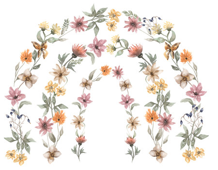 Watercolor rustic wildflowers rainbow Illustration, Hand drawn meadow flowers clip art, Wedding Invitation, design, baby shower, card making, floral arrangementの写真素材