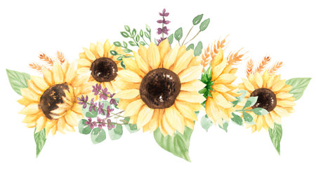 Sunflower Border Clip art, Watercolor Meadow flowers Frame, Rustic wildflowers Bouquet illustration, Wedding Invites, Baby showerの写真素材
