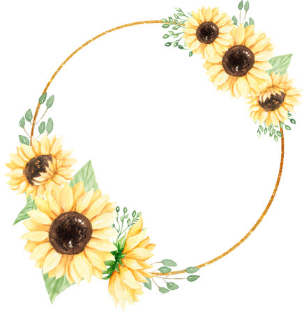 Sunflower Wreath Clip art, Watercolor Meadow flowers Frame, Rustic wildflowers Bouquet illustration, Wedding Invites, Baby showerの写真素材