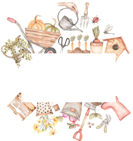 Watercolor hand drawn Gardening Frame Clipart, Garden tools clip art, Shovels illustration, Rakes, Rustic Garden Frame, Farmhouse print, Potted Plants wreathの写真素材