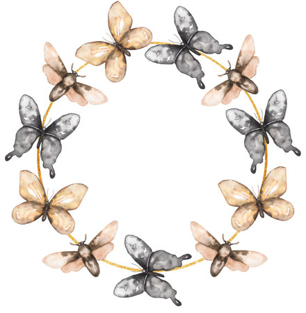 Gray and beige butterfly wreath Illustration, Hand drawn insects clip art, Wedding Invitation, design, card makingの写真素材
