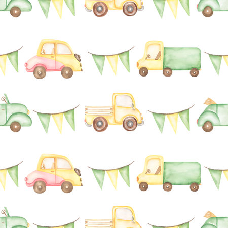 Watercolor transport seamless pattern, pink and yellow car, green truck,  hand drawn kids transportation with party flags pattern. Artwork for textiles, fabrics, souvenirs, packaging, greeting cardの写真素材