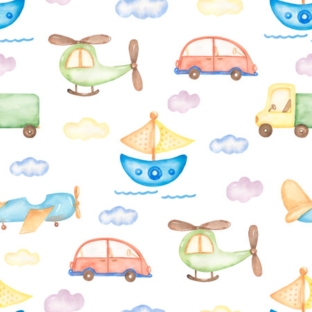 Watercolor transport seamless pattern, pink and yellow car, green truck, boat, helicopter, hand drawn kids transportation pattern. Artwork for textiles, fabrics, souvenirs, packaging, greeting cardの写真素材