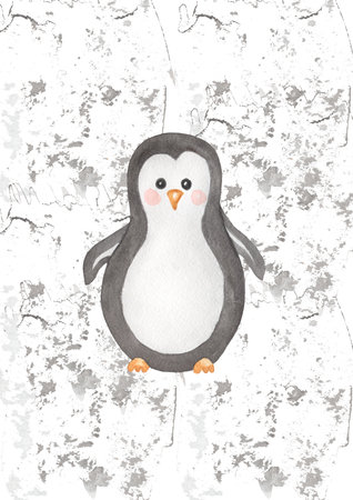 Watercolor cute Antarctica Penguin illustration, fun kids hand drawn nursery poster with woodland animal. Beige color clipart in scandinavian style.の写真素材