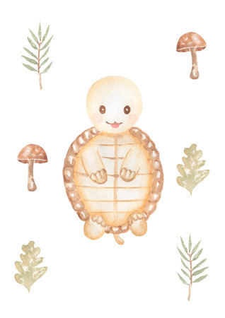 Watercolor cute forest turtle illustration, fun kids hand drawn nursery poster with woodland animal. Beige color clipart in scandinavian style.の写真素材