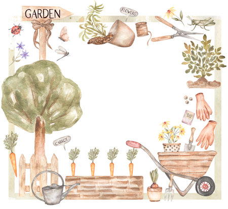 Watercolor hand drawn Gardening Frame Clipart, Garden tools clip art, Shovels illustration, Rakes, Rustic Garden Frame, Farmhouse print, Potted Plants wreathの写真素材