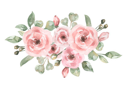 Watercolor Delicate peony flowers bouquet clipart, Pink garden flower border illustration, florals decor , roses clip art. Wedding invitation, baby shower, card makingの写真素材