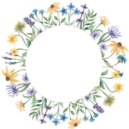 Hand drawn watercolor spring and summer meadow florals wreath illustration.Wildflower wreath, field flowers frame for wedding, birthday invitation. Meadow herbs clip art. floral arrangementの写真素材