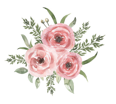 Watercolor Delicate peony flowers bouquet clipart, Pink garden flower border illustration, florals decor , roses clip art. Wedding invitation, baby shower, card makingの写真素材