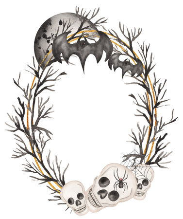 Watercolor hand drawn halloween wreath. Scary party frame with scull illustration, bat, black moon, branches and spider clipart. Holiday template card with halloween symbols.の写真素材