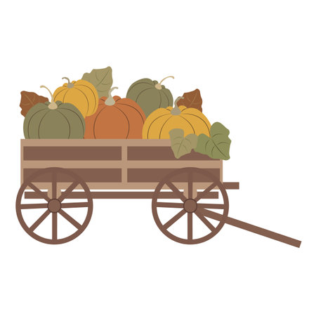 Harvest scene with wooden cart and pumpkins, leaves clipart. Vector fall decor composition with wagon wheel for thanksgiving day, autumn arrangement card, rustic  illustrationのイラスト素材