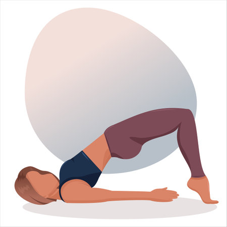 Yoga girl illustration, vector clipart of women workout. A young brown-haired girl is lying in yoga pose. Female pose on a pink and blue background.のイラスト素材