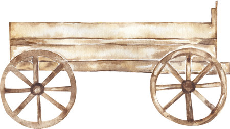 Watercolor wooden cart illustration, farm transport clipart. Wagon Wheel for Thanksgiving, autumn arrangement card, rustic  illustrationの写真素材