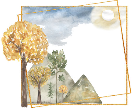 Watercolor woodland and mountains frame illustration, forest background. Card invitation design with forest trees composition. Evergreen trees wreath, oak, fir natural border printの写真素材