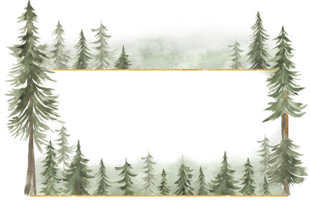 Watercolor woodland frame illustration, forest background. Card invitation design with forest trees. Evergreen trees, oak, fir natural border printの写真素材